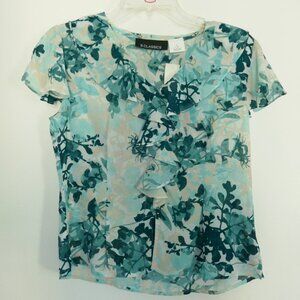 NEW ruffle collar split sleeve v-neck button down sheer floral blue blouse sz S